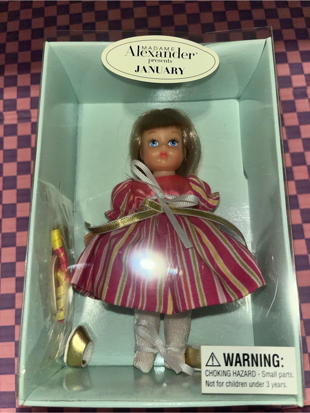 New in Box Vintage Madame Alexander Pink and Gold Striped Doll in Ribboned Dress